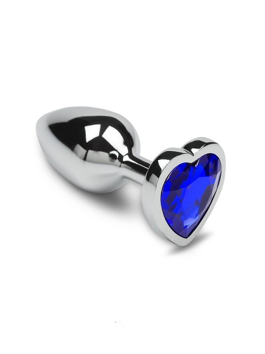 Маленькая анальная пробка Пикантные Штучки с синим кристаллом в виде сердечка, серебристая, 6 см