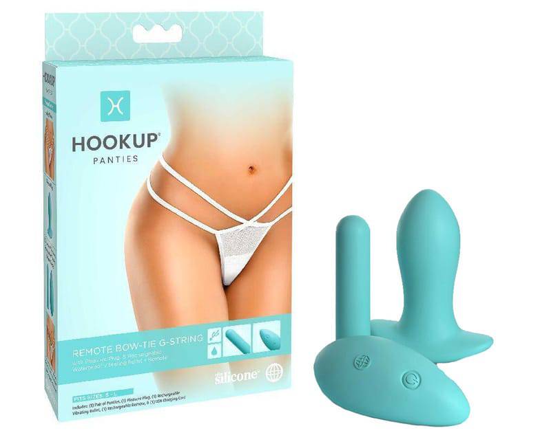 Набор Pipedream Remote Bow-Tie G-String анальная пробка, вибропуля с пультом ДУ, голубые и трусики S/L, белые