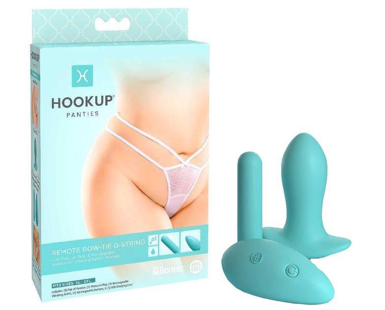 Набор Pipedream Remote Bow-Tie G-String анальная пробка, вибропуля с пультом ДУ, голубые и трусики XL/XXL, белые