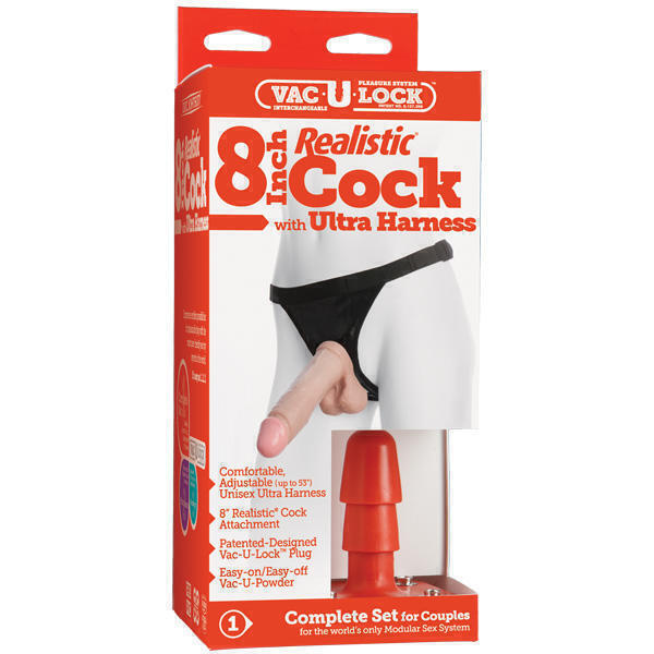 Трусики с насадкой Doc Johnson Realistic Ultra Harness Vac-U-Lock™ Set 8", телесный