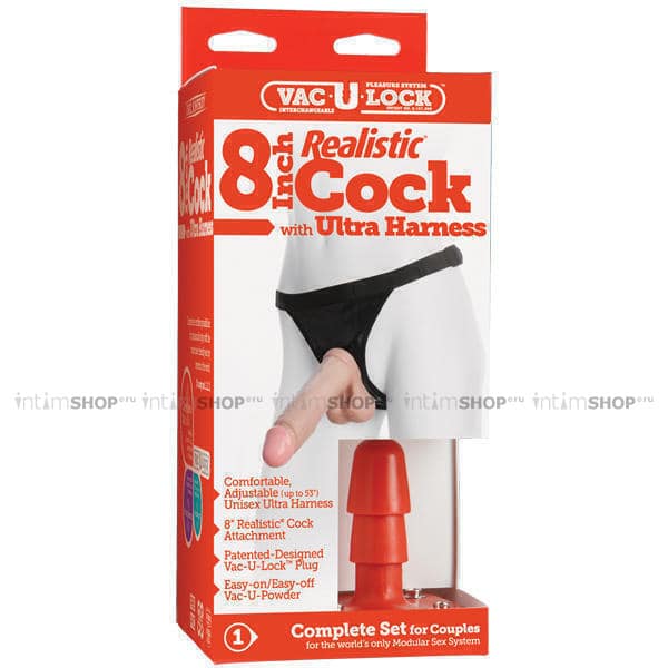Трусики с насадкой Doc Johnson Realistic Ultra Harness Vac-U-Lock™ Set 8", телесный