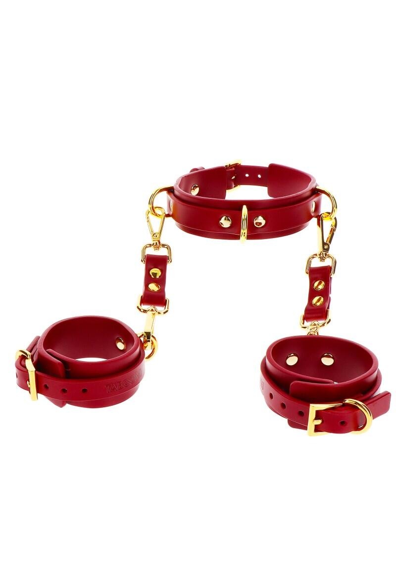 Ошейник с наручниками Taboom Luxury Bondage Essentials D-Ring Collar and Wrist, красный