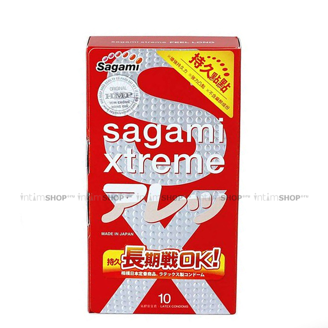 Презервативы ультрапрочные Sagami Xtreme Feel Long с точками, зеленые, 10шт
