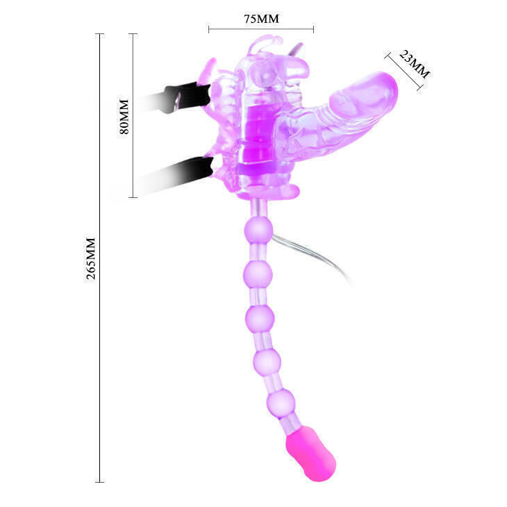 Виброструсики с анальным и вагинальным отростками Baile Butterfly на ремешках, фиолетовый