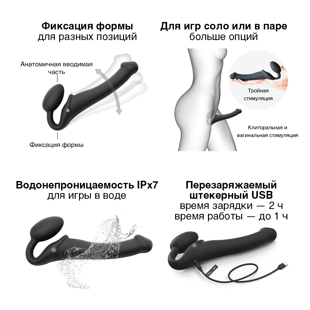 Страпон с вибрацией Strap-on-me 3 мотора L с пультом ДУ, чёрный