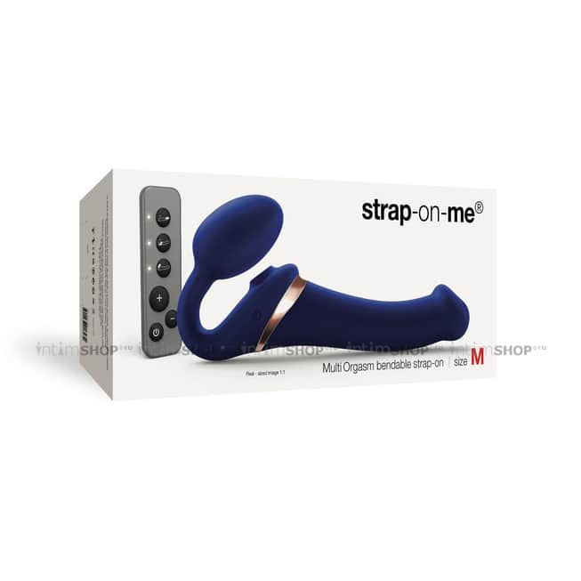 Страпон с вибрацией и вакуумно-волновой стимуляцией Strap-on-me Multi Orgasm с ДУ M, синий - фото 4