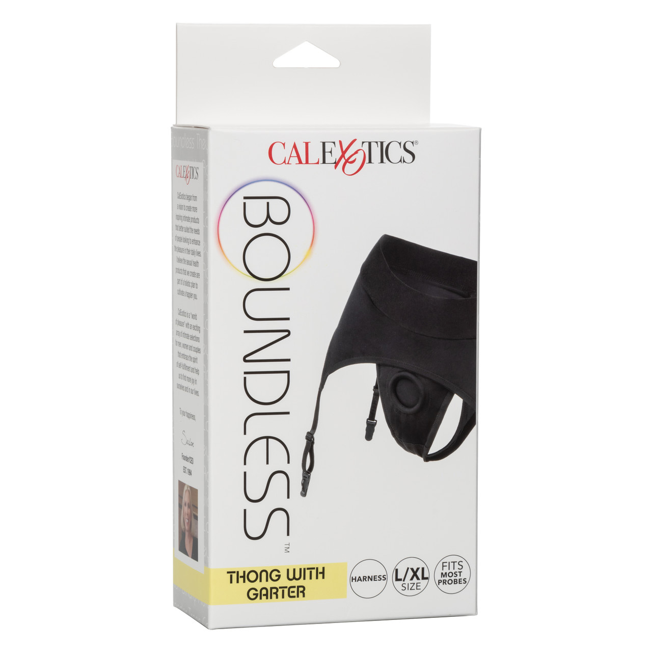 Трусики-стринги для страпона CalExotics Boundless с подвязками для чулок L/XL, черные