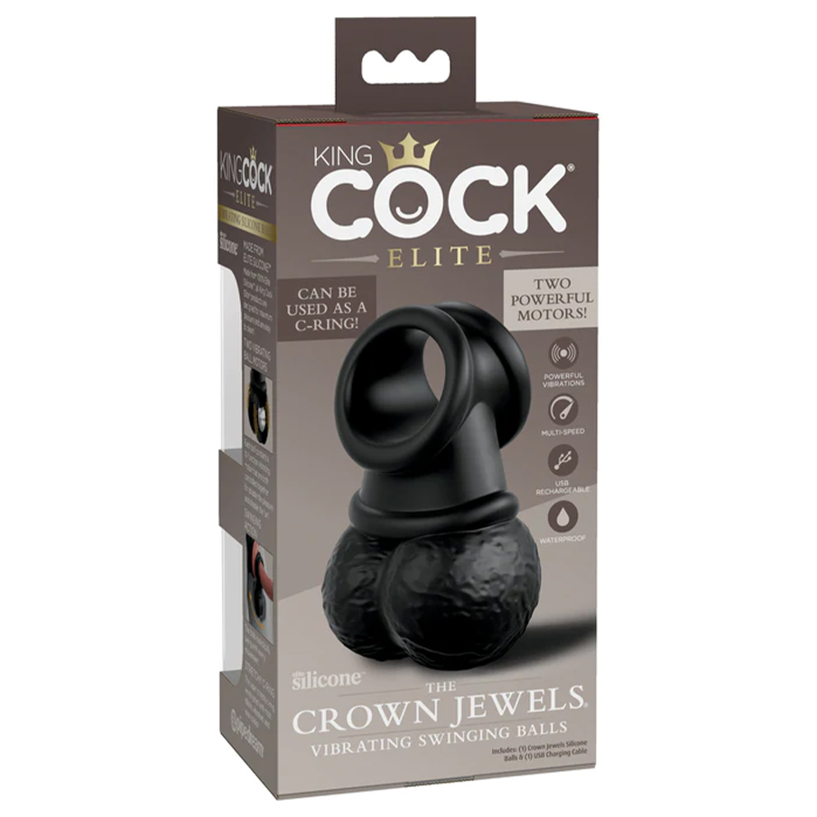 Виброкольцо PipeDream King Cock Elite The Crown Jewels с мошонкой, чёрное