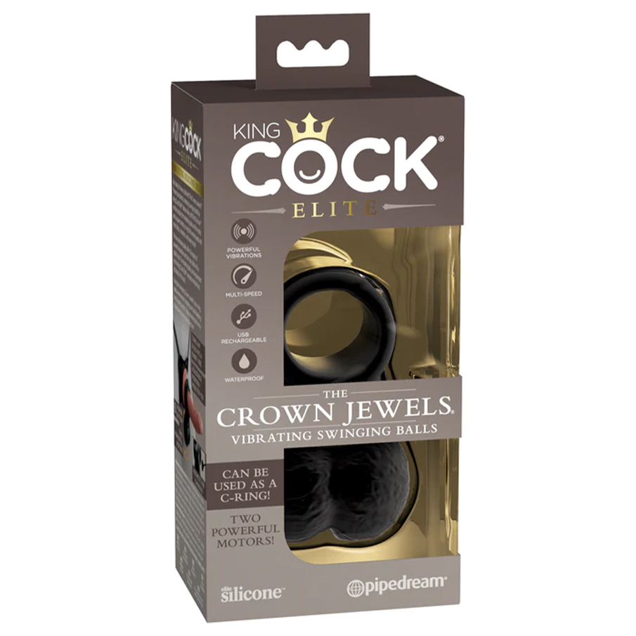 Виброкольцо PipeDream King Cock Elite The Crown Jewels с мошонкой, чёрное