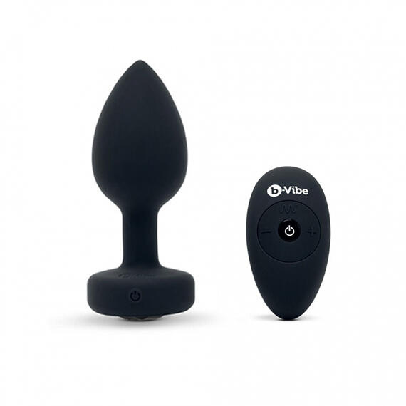 Вибропробка b-Vibe Jewel M/L с пультом ДУ, черная с черным кристаллом