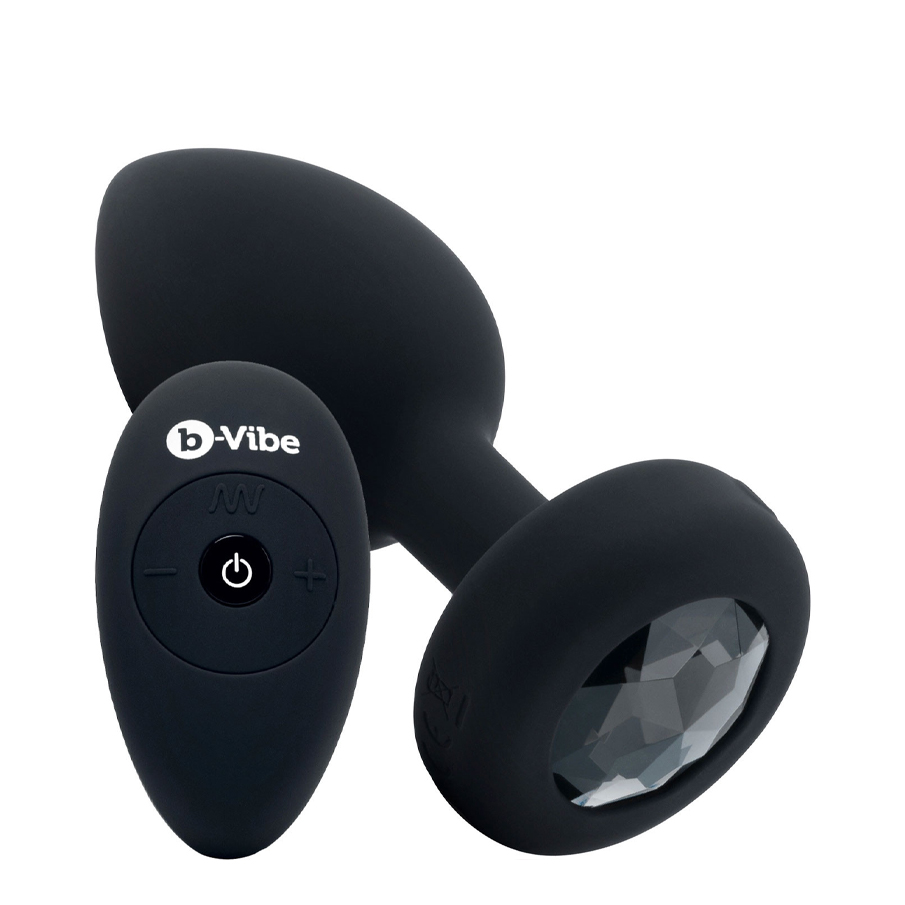 Вибропробка B-vibe Jewel M/L с пультом ДУ с черным кристаллом, черная