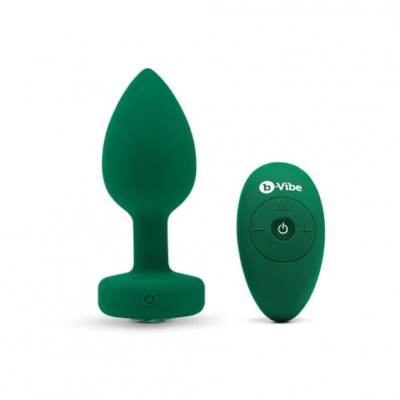 Вибропробка b-Vibe Jewel M/L с пультом ДУ, зеленая с зеленым кристаллом