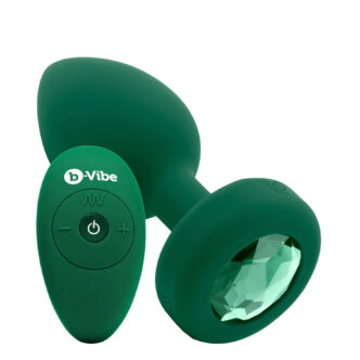 Вибропробка B-vibe Jewel M/L с пультом ДУ, зеленая с изумрудным кристаллом