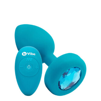 Вибропробка B-vibe Jewel S/M с пультом ДУ с аквамариновым кристаллом, голубая